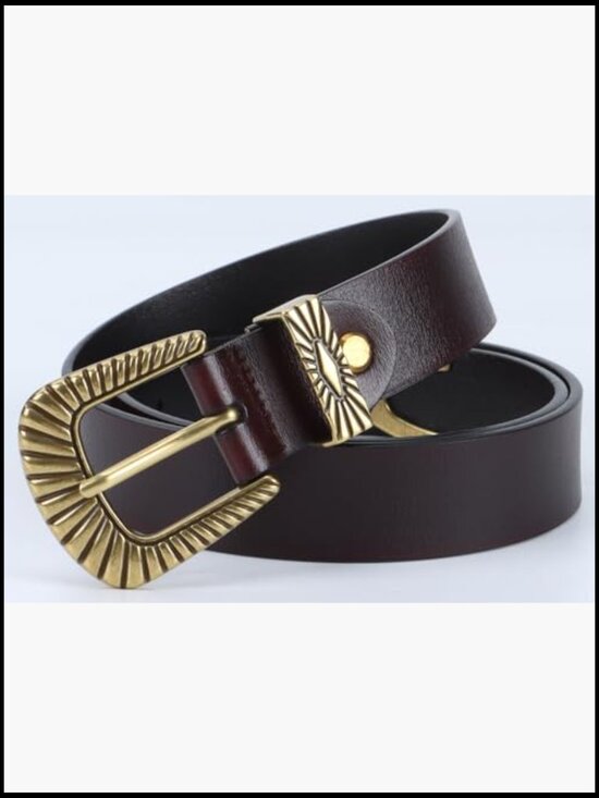 Leather Belt with Gold Buckle Western Style Adjustable Holes main image 6
